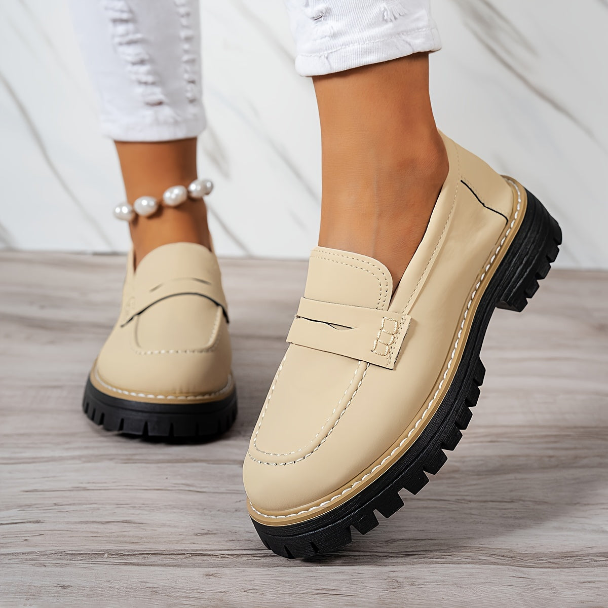 LoaferMax | Damskie Retro Chunky Slip-On Loafers - Skórzane Mokasyny