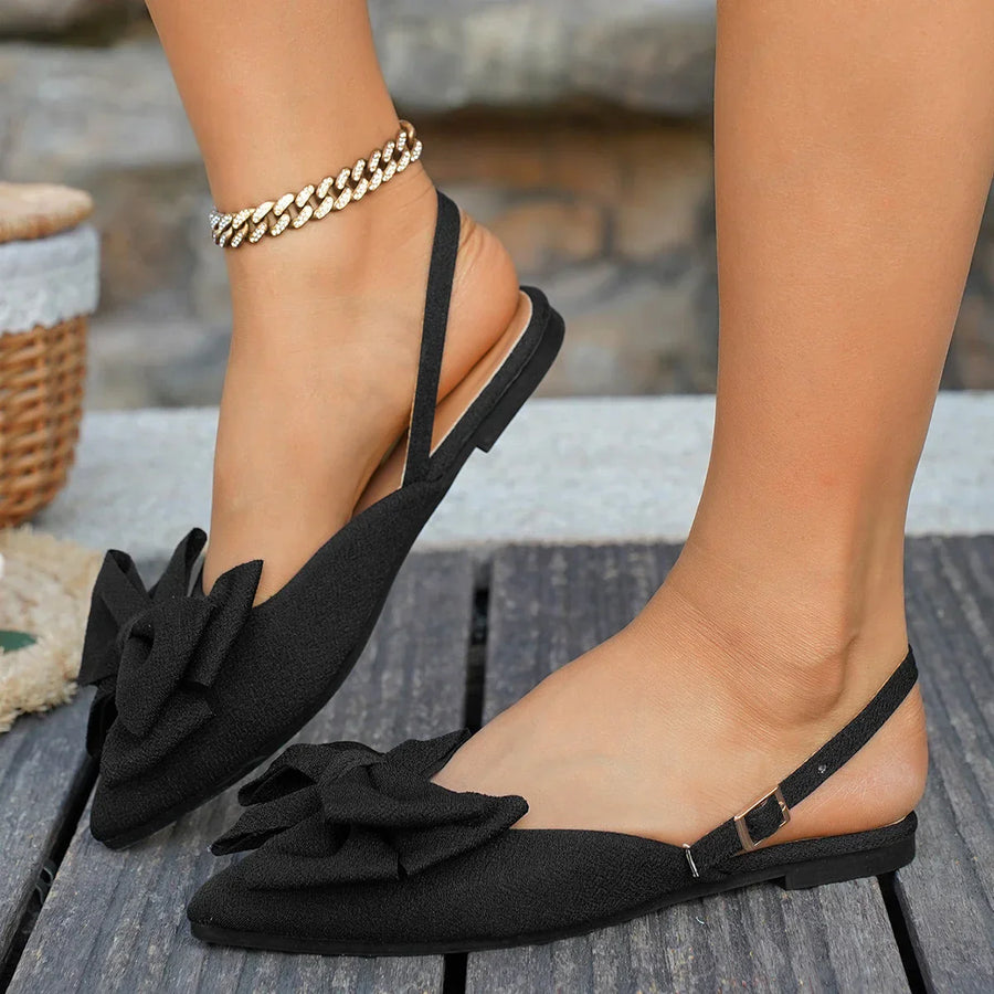 Damskie Płaskie Sandały Elise Slingback | Zamknięty Szpiczasty Nosek | Kokarda | Eleganckie Buty na Wiosnę i Lato