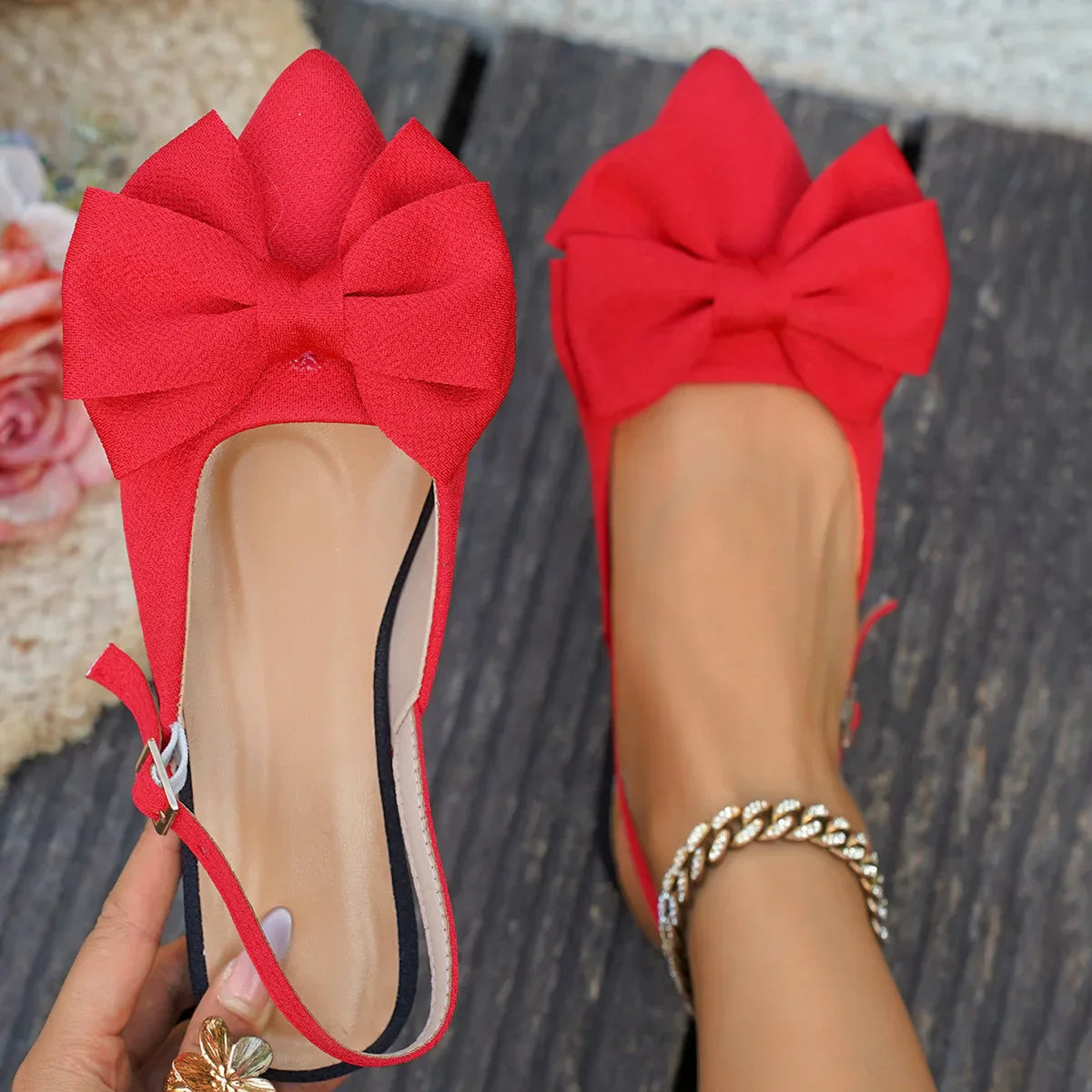 Damskie Płaskie Sandały Elise Slingback | Zamknięty Szpiczasty Nosek | Kokarda | Eleganckie Buty na Wiosnę i Lato