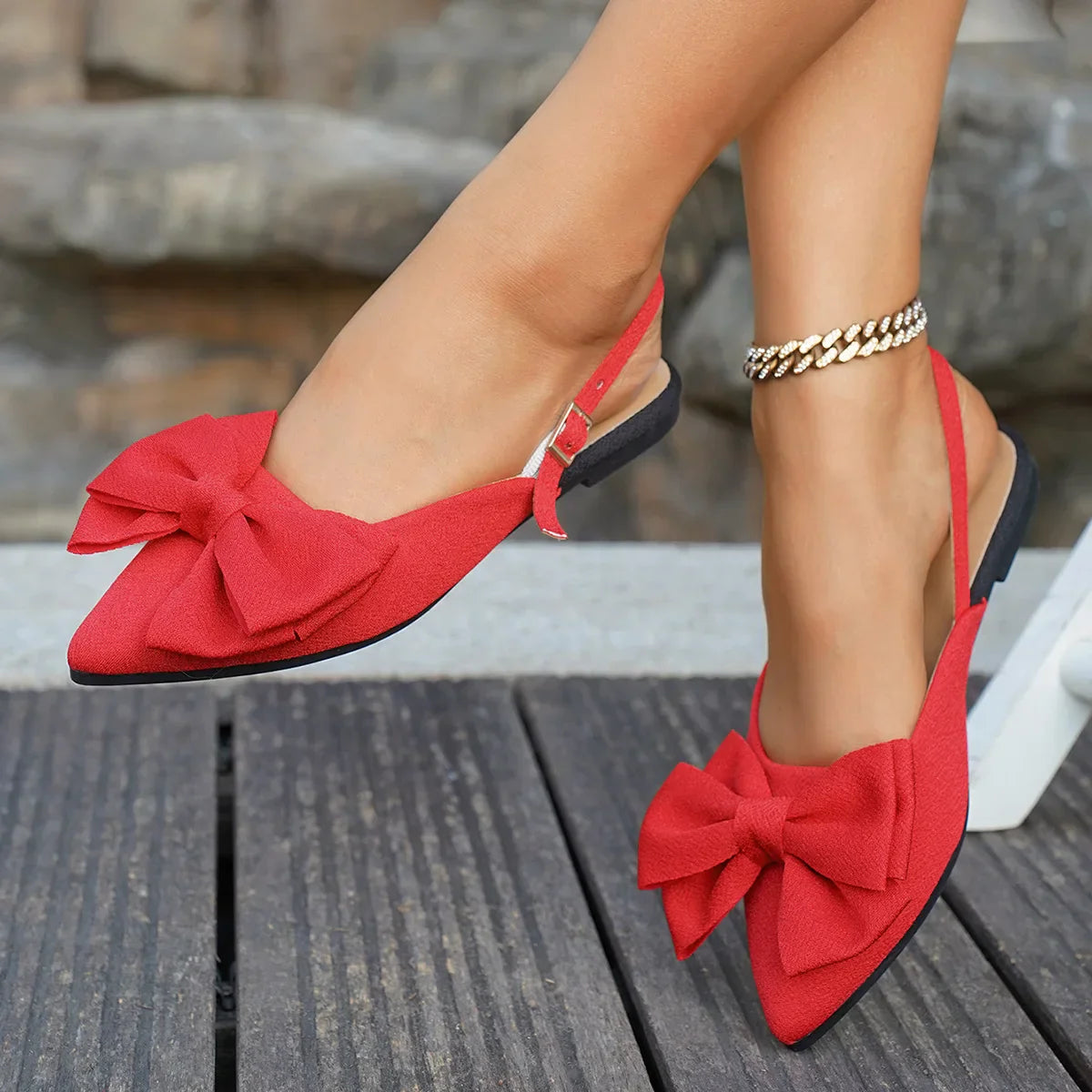 Damskie Płaskie Sandały Elise Slingback | Zamknięty Szpiczasty Nosek | Kokarda | Eleganckie Buty na Wiosnę i Lato